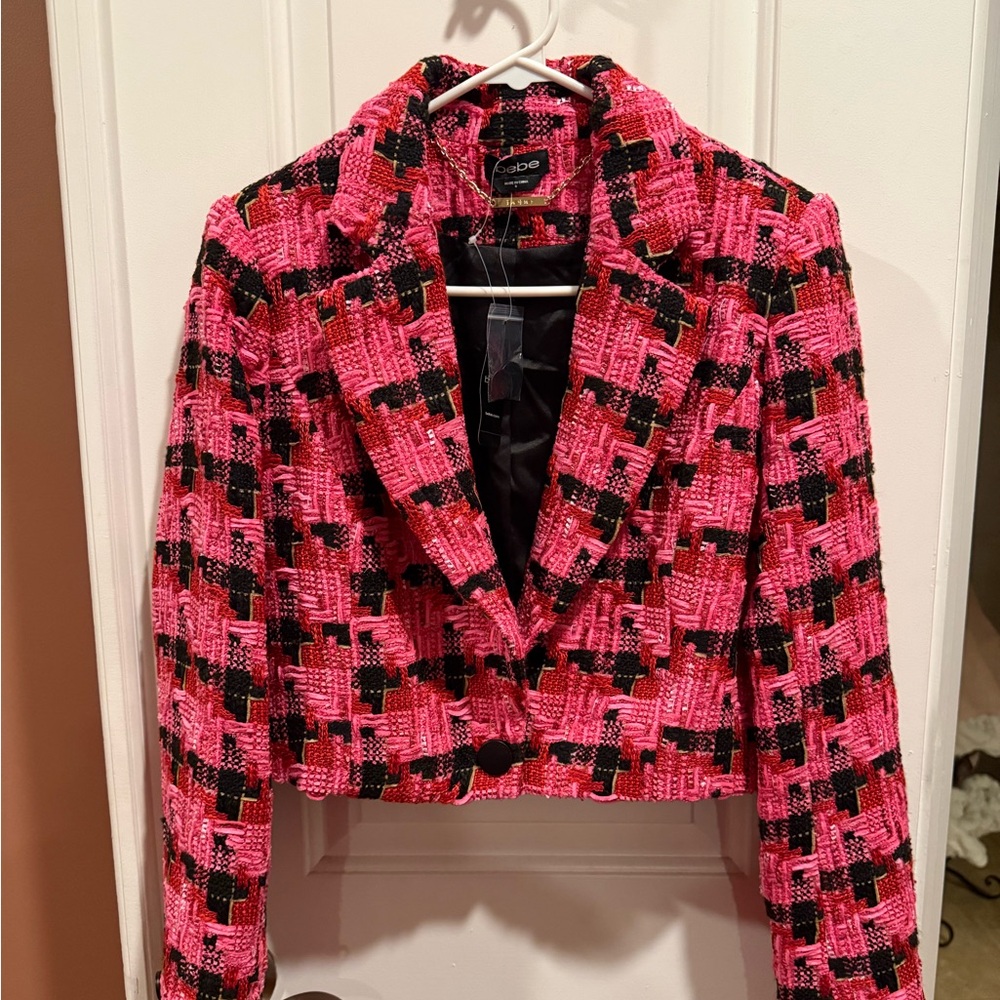 Bebe Pink & Black Cropped Tweed Jacket